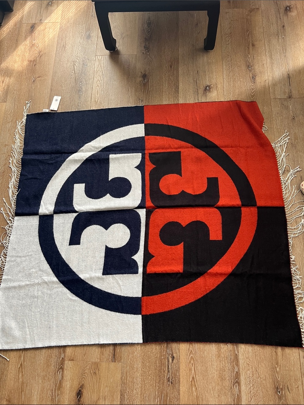 Tory Burch Orange Red, Navy & White Logo Scarf & Blanket